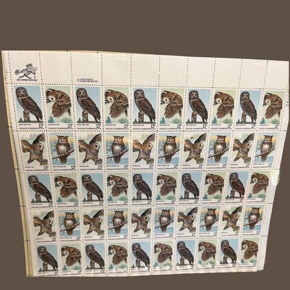 MNH Scott #1760-63 Owls 15 Cent Stamp Sheet of 50 Stamps - Picture 1 of 2